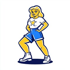 Fototapeta premium A vibrant illustration of a confident woman in casual attire, featuring a star graphic on her shirt and striking a powerful pose.