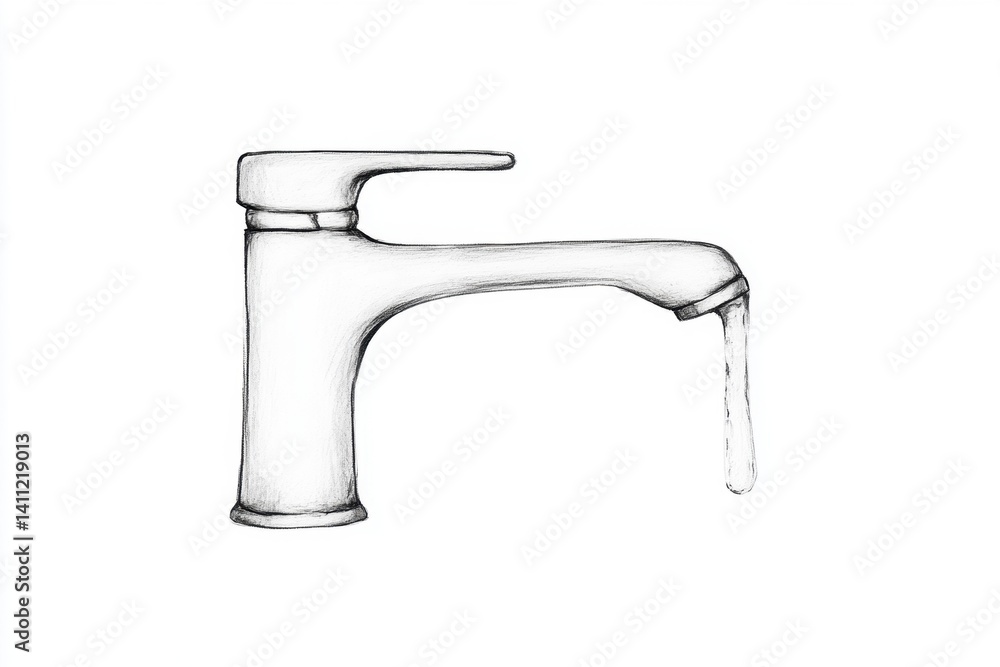Poster a simple sketch of a faucet with water flowing from it, illustrating the concept of water usage and 