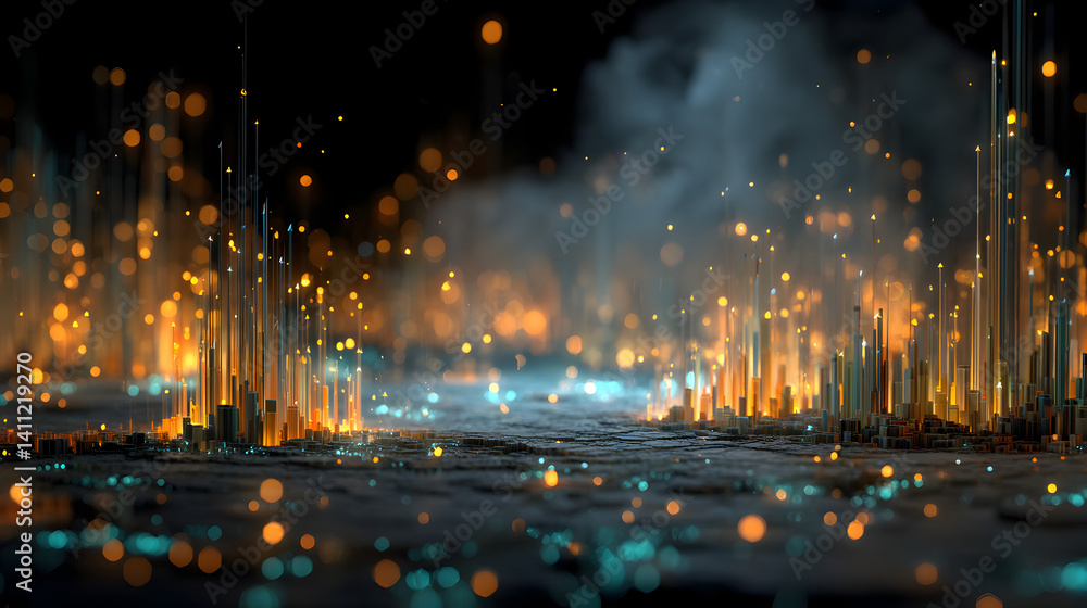 Poster abstract digital landscape with glowing lights and vibrant colors representing data visualization an