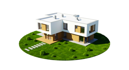 A modern house with a flat roof and large windows surrounded by green grass and small bushes outside and green plant, and green landscape