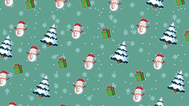 A seamless 4K loop of gently falling snow over a repeating pattern of cheerful snowmen, decorated Christmas trees, and wrapped gifts on a teal background. Perfect for holiday-themed projects.