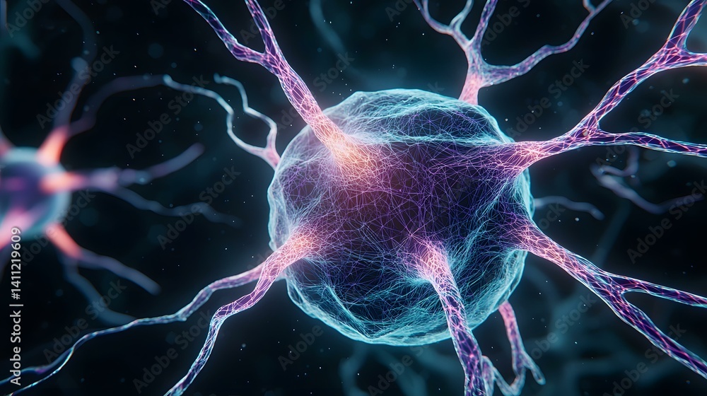 Poster the image shows a detailed close-up of a neuron, its soma and branching axons and dendrites, rendere