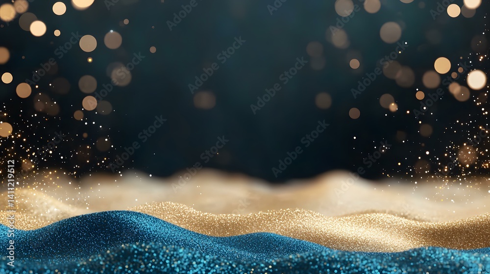Poster the image contains glittering, undulating hills of teal and gold, set against a dark background with