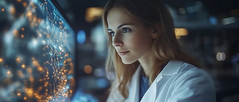 Scientist analyzing data on screen.