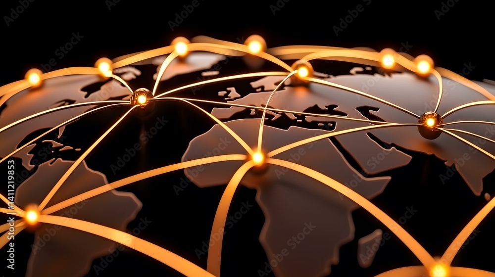 Poster a dark-brown globe is illuminated by glowing orange lines connecting points on its surface, represen