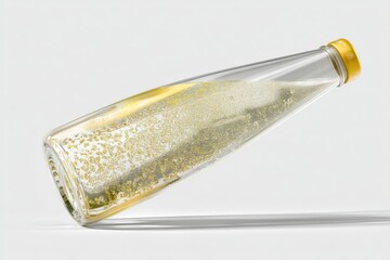 Fototapeta premium Gold-infused beverage bottle angled on a white surface.