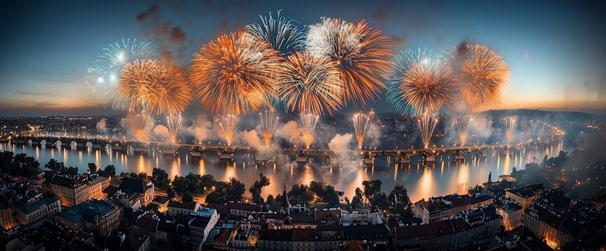 City lights reflect on river, fireworks display