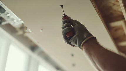Drywaller securing ceiling panel with screw gun. Indoor building construction site