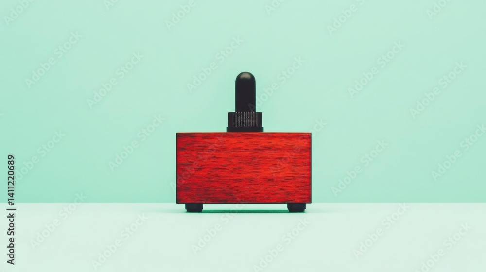 Poster a minimalistic image features a red wooden box with a black top, set against a light teal background