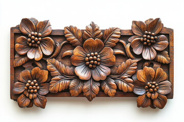 Fototapeta premium Wooden wall hanging adorned with vibrant artificial flowers and green leaves; creates a charming and nature-inspired decor piece.