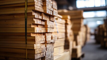 Obraz premium Stacked Lumber in a Warehouse: A Glimpse into Woodworking