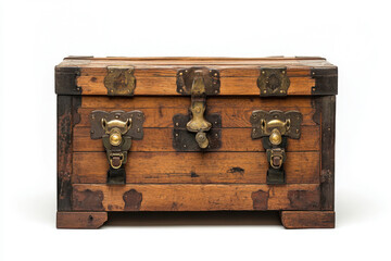 Old wooden trunk with brass hardware and handles.