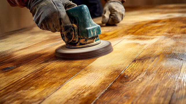 Carpenter sanding wood surfaces for a rustic dining table. Featuring wood finishing and custom furniture work