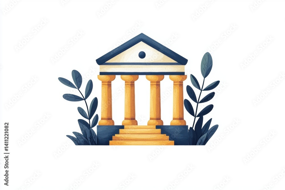 Poster a stylized illustration of a classical building with columns, surrounded by foliage, symbolizing arc