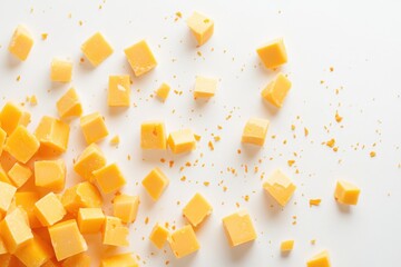 Scattered cheddar cubes on a plain surface creating a simple food display