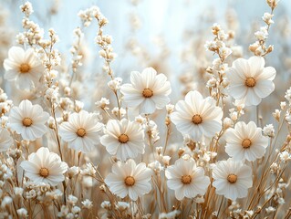 Dreamy display of luminous white cosmos flowers and delicate gypsophila floral