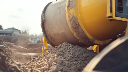 Cement mixer operating on a construction site. Featuring cement mixing and machinery