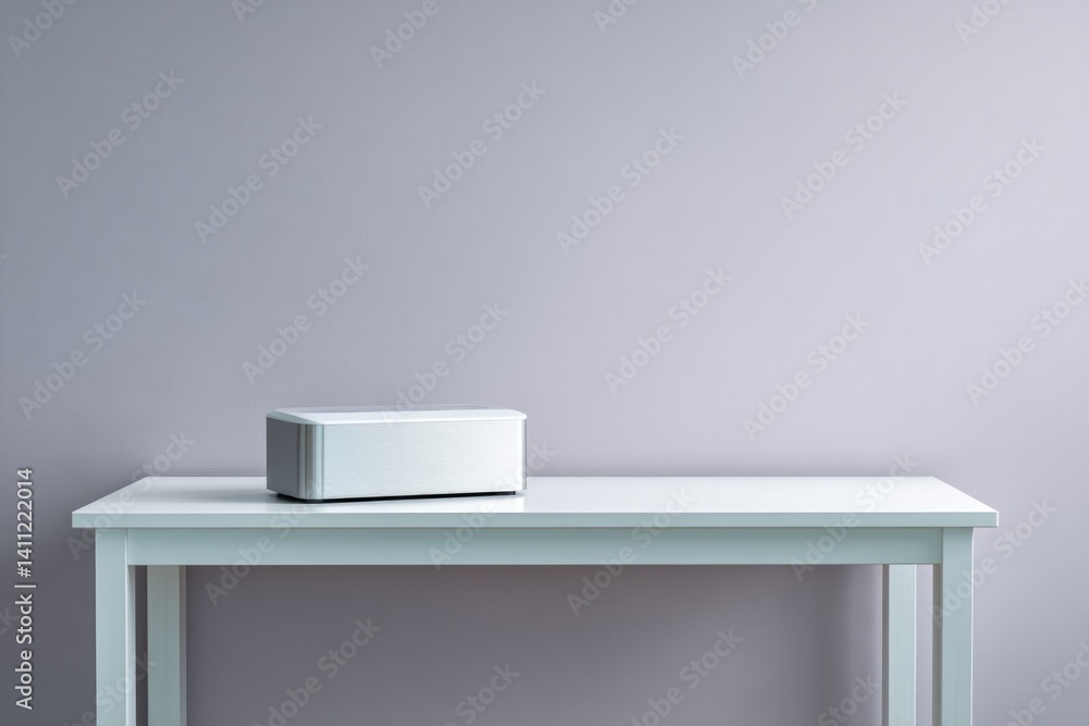 Poster sleek diagnostic device resting on minimalist white desk surrounded by clean lines and ample copy sp