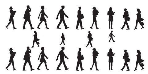 big set of people walking silhouettes