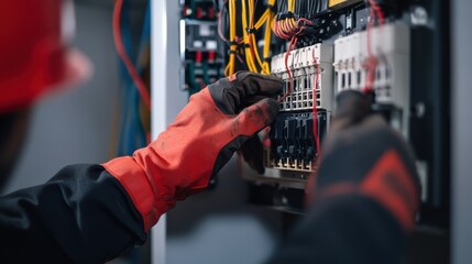 Electrician connecting wires in an electrical panel at a construction site. Featuring expertise and safety