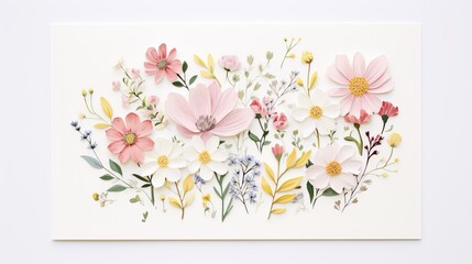 A delicate arrangement of pink and white flowers with green and yellow leaves on a white background art