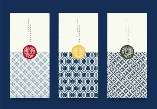 Set of traditional Japanese packaging with symbolic geometric patterns like Asanoha, Kikkō, and Sayagata. Great for premium product branding with cultural value.