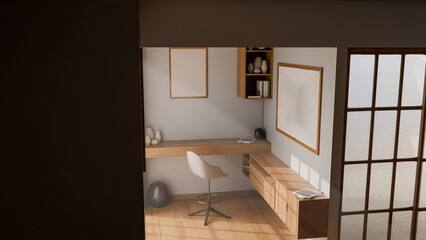 A Japanese style room with a desk and chair, a window, and a shelf. The room is well lit and has a minimalist design premium photo 3d render