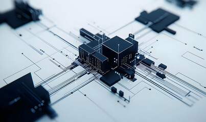 Abstract Digital Circuit Lines with Dots on a White Background