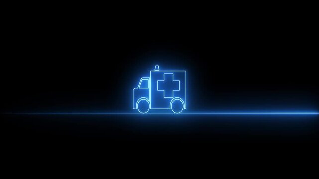 Glowing medical van. ambulance car neon light sign. Glowing bright icon ambulance car sign. neon light car black background animation, 4k video.