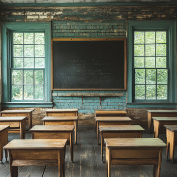 Empty classroom with wooden desks, chalkboard, and sunlight streaming in through windows.