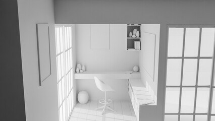 A Japanese style room with a desk and chair, a window, and a shelf. The room is well lit and has a minimalist design premium photo 3d render
