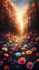 Fototapeta premium A magical forest at twilight with glowing autumn trees and a vibrant field of flowers beneath a starry sky, creating a dreamlike, fantasy-inspired landscape scene.