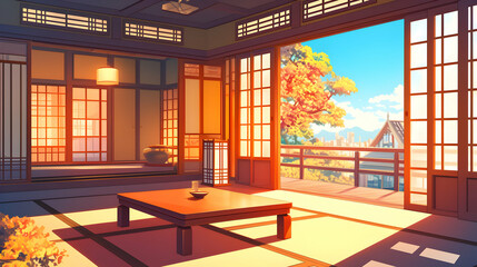Japanese House Illustration: Autumn View