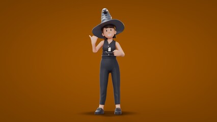 3D Cartoon Witch holding candle while pointing Halloween Celebration