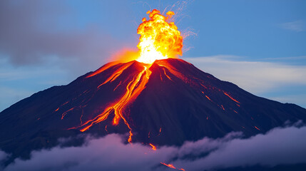 Erupting mountain spews fiery ash into the sky. Volcano fire eruption creates smoke clouds with ash debris on the mountain peak under a blue sky.