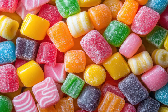 Colorful candy pile on rustic wooden table with soft focus background, perfect for a festive celebration or sweet indulgence.