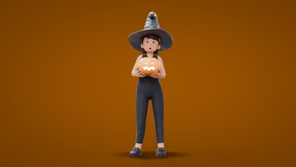 3D Cartoon Witch holding pumpkins  Halloween Celebration