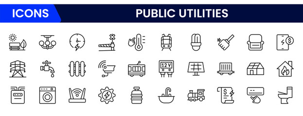 Public utilities icon collection set. power, gas, and water. Signed thin line icons collection.