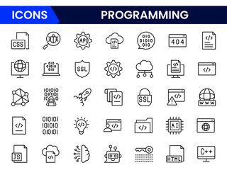 Programming and coding icon set. Software development icon collection. Contains such Icons as code, api, programmer, developer, information technology, coder, and more