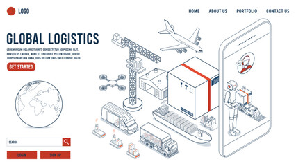 Global logistics Landing page with Warehouse Technology, Autonomous robot, Transportation operation service, Export, Import, Cargo, Air, Road, Maritime. Vector illustration eps10