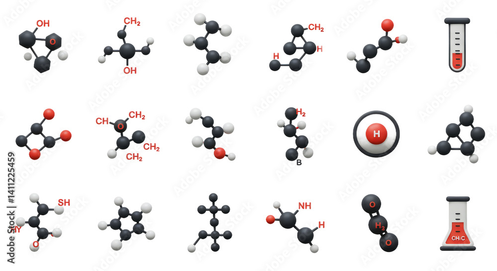 Poster assorted molecular models in black and white with test tubes on transparent backdrop