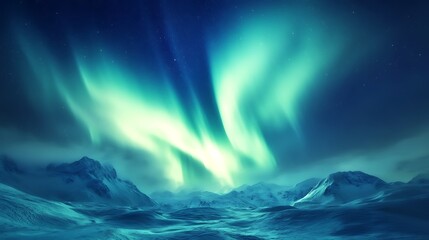 Fototapeta premium Vivid aurora borealis illuminates a frosted arctic landscape.