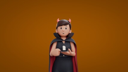 3D Cartoon dracula girls holding candle with both hand Halloween Celebration