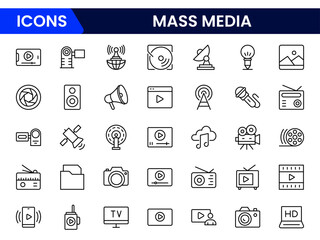 Mass media and journalism. TV show, program, news, report, video, and interview. Outline icon collection.