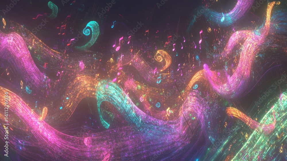Poster vibrant musical notation swirls create a dynamic visual symphony.