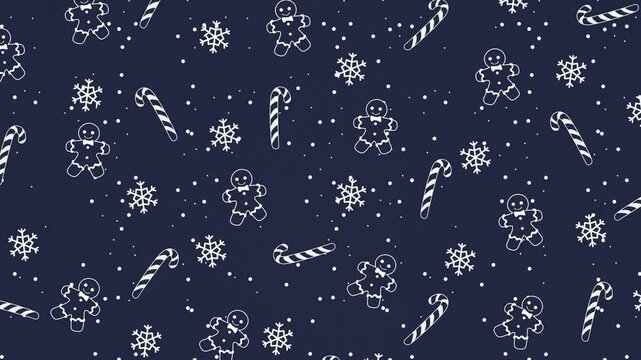 4k Christmas Pattern animation Background - scattered white illustrations of caandy cane, gingerbread cookies and snowflakes Patterns in blue paper texture background.