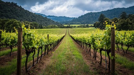 Obraz premium Serene Vineyard Landscape: Rows of Lush Grapevines Stretching Towards Rolling Hills Under a Cloudy Sky