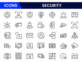 Security web icons in line style. Guard, cyber security, password, smart home, safety, data protection, key, shield, lock, unlock, eye access. Vector illustration.