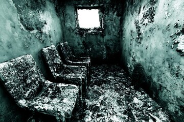 Ruined interior of a small, charred room.