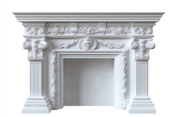 Obraz premium White fireplace adorned with intricate designs, casting a warm glow in a cozy living room setting.